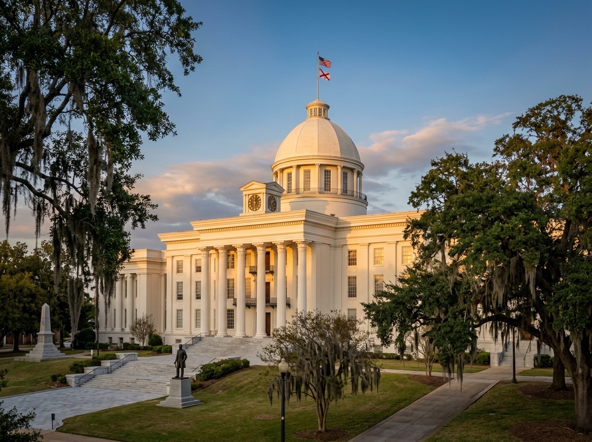 Alabama state capitol in Montgomery at golden hour