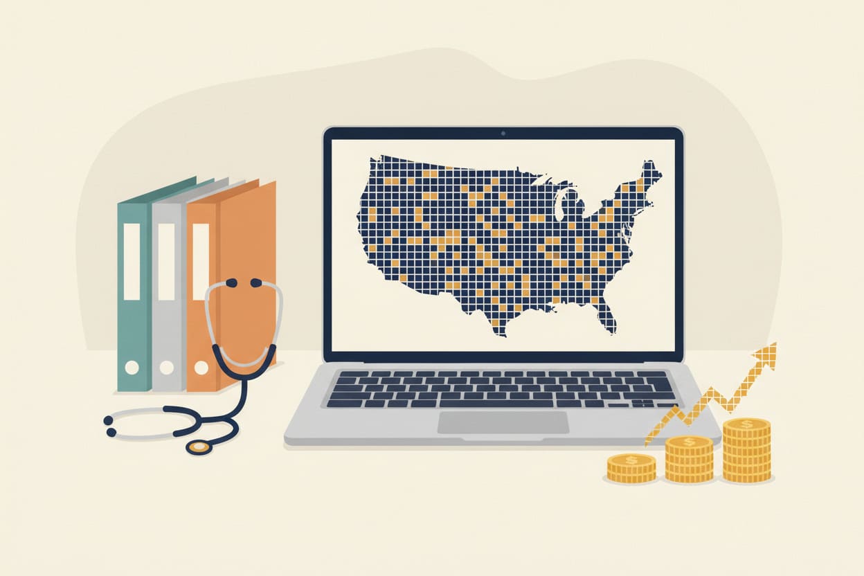 Laptop showing a tile map of the United States beside binders, a stethoscope, and stacks of coins