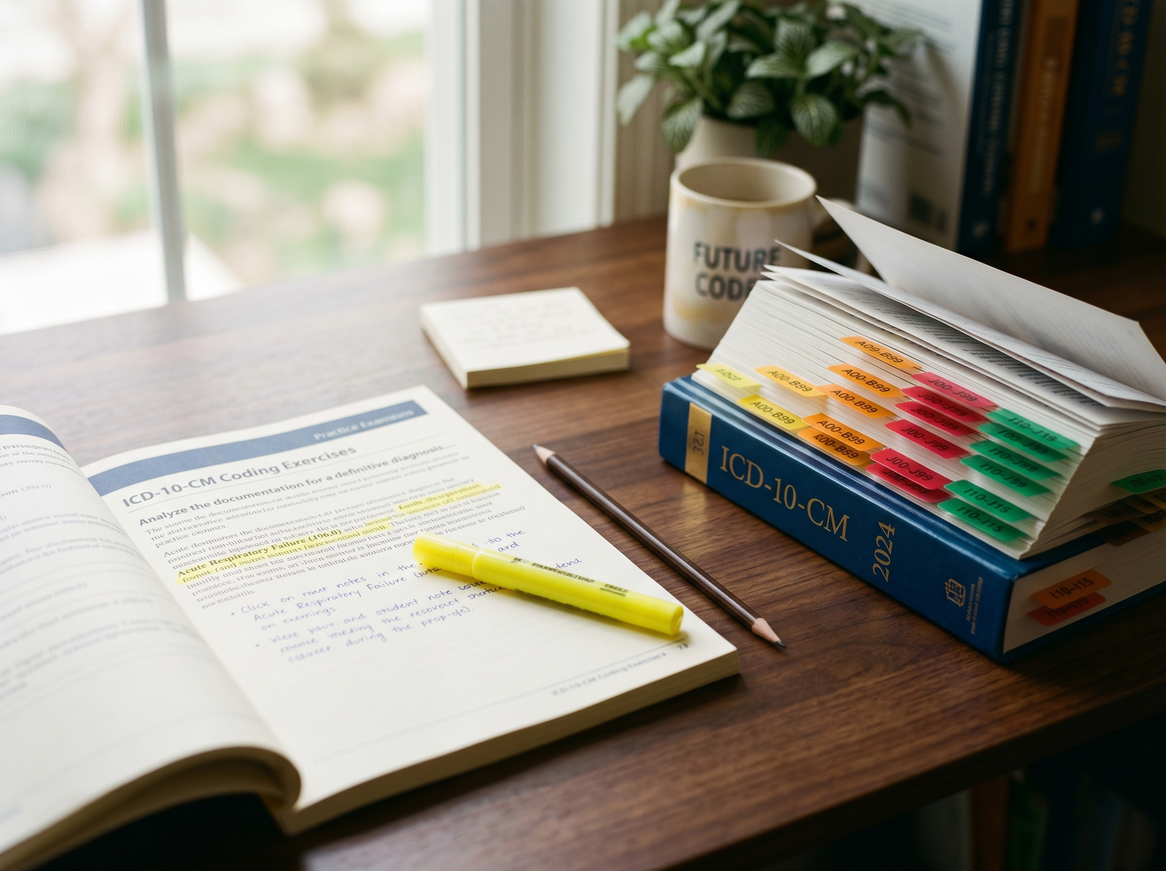 Medical coding student practice materials and ICD-10 code book