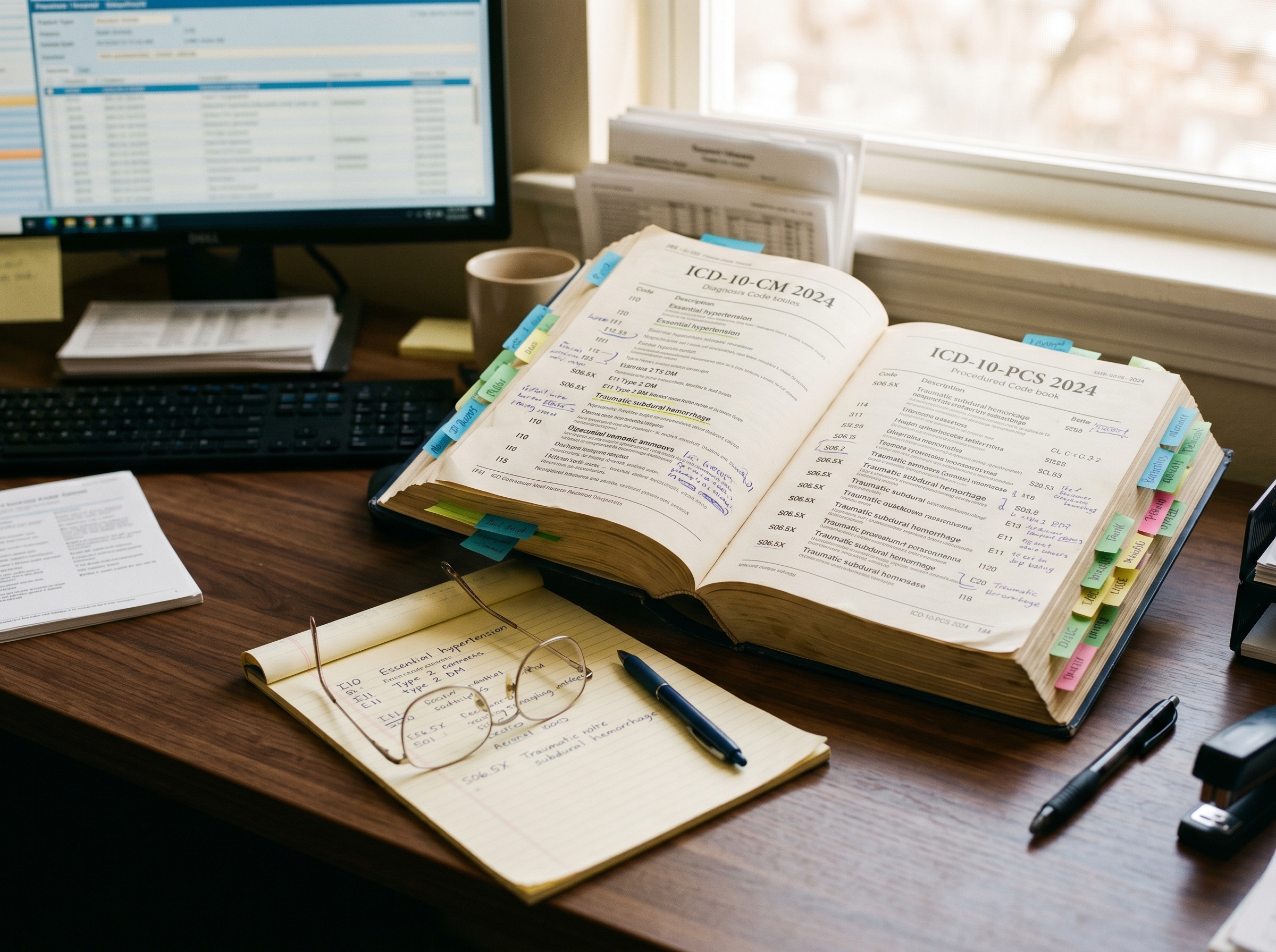 Open ICD-10 code books on a hospital coder's desk