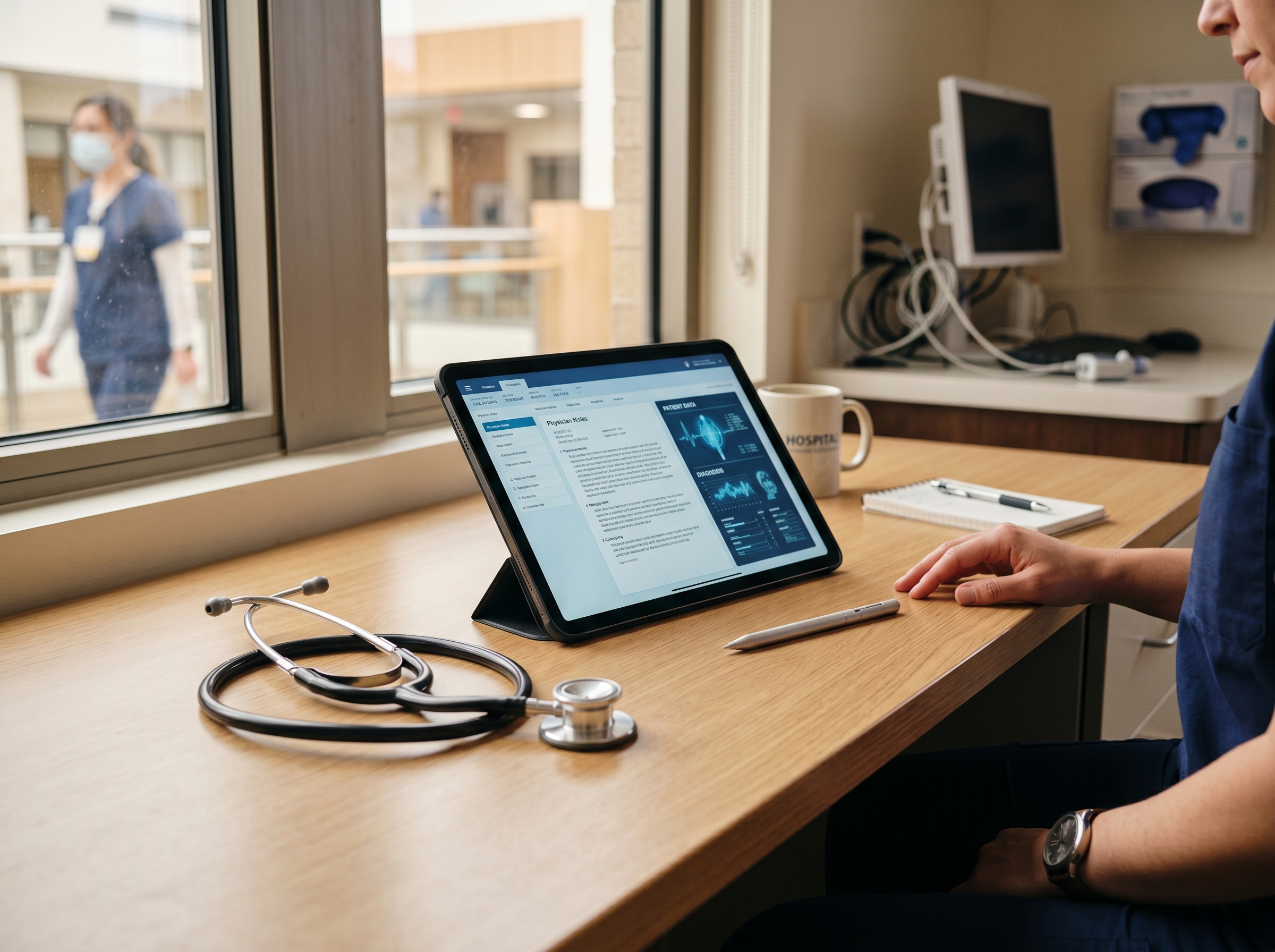 Clinical documentation specialist workstation with chart review materials