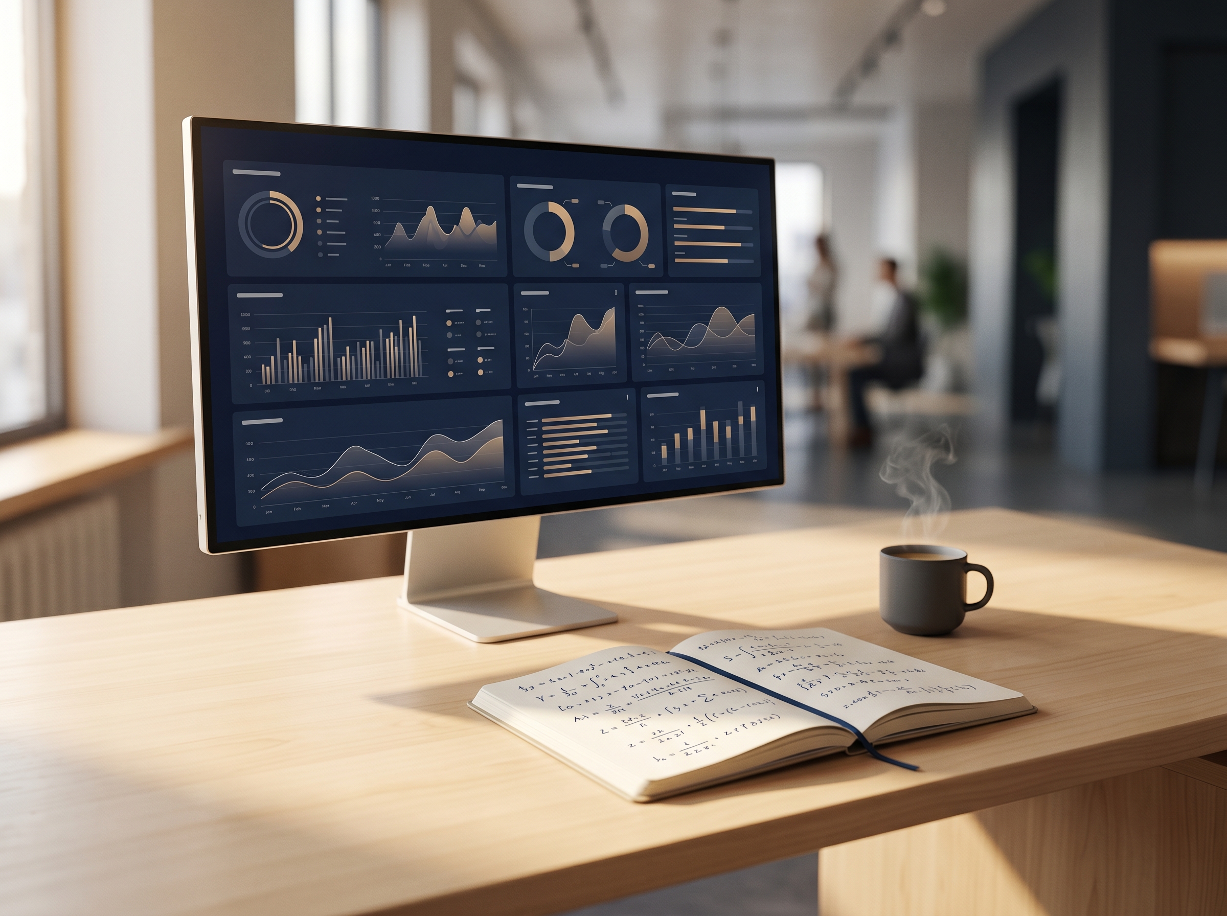 Healthcare data analyst workstation with dashboards