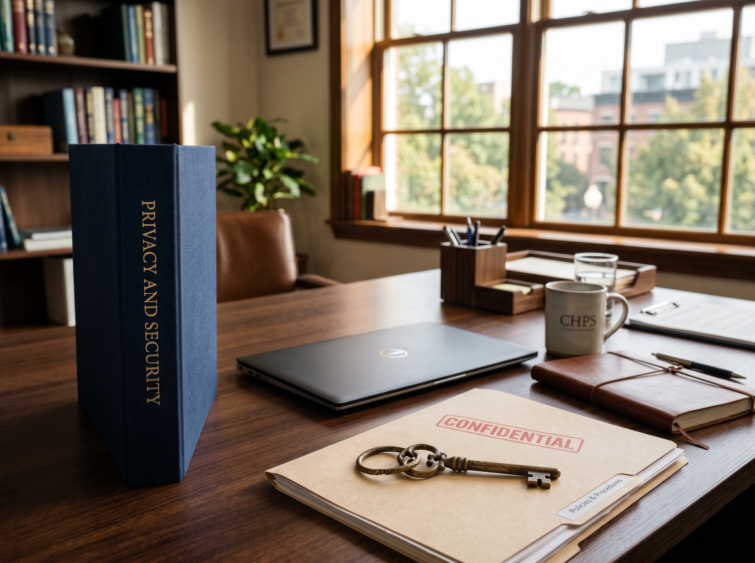 Healthcare privacy officer workspace with compliance binder