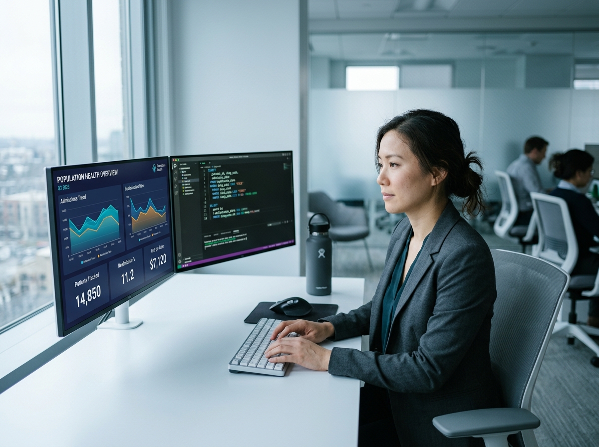 Healthcare data analyst working with dashboards